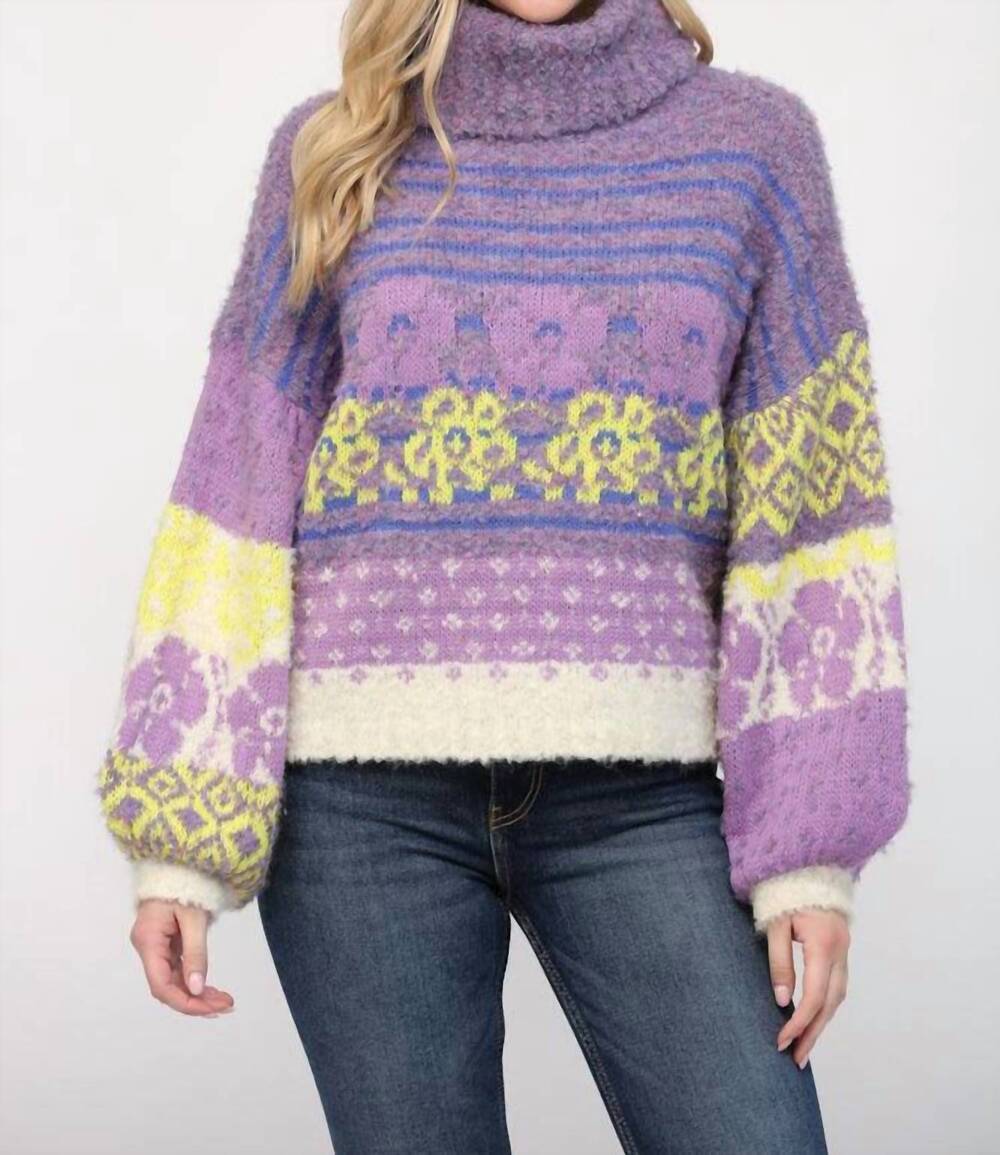 NEW FATE floral turtle neck fuzzy sweater in purple multi